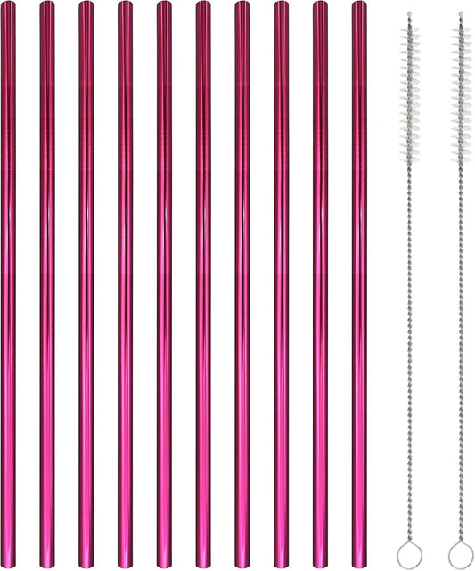 10 Pcs Stainless Steel Straws, Reusable Drinking Straws, Straight Metal Straw Sets with 2 Pcs Cleaning Brushes (10.5 Inch, Rose Red)