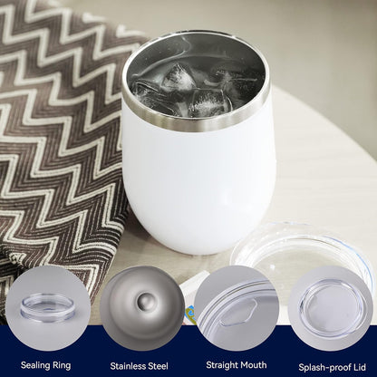 DOMICARE Stainless Steel Wine Tumbler Bulk with Lid, Personalized White Insulated Tumblers Set, 12oz Travel Coffee Cups Pack of 12