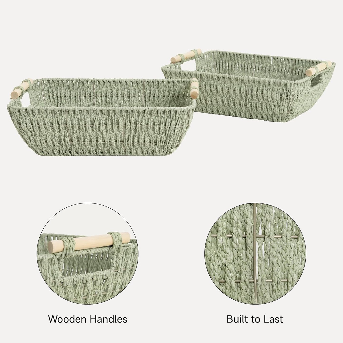 StorageWorks Extra Large Wicker Storage Basket for Organizing with Wooden Handles, Toilet Paper Baskets for Bathroom, Bosana Green, 2-Pack