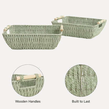 StorageWorks Extra Large Wicker Storage Basket for Organizing with Wooden Handles, Toilet Paper Baskets for Bathroom, Bosana Green, 2-Pack
