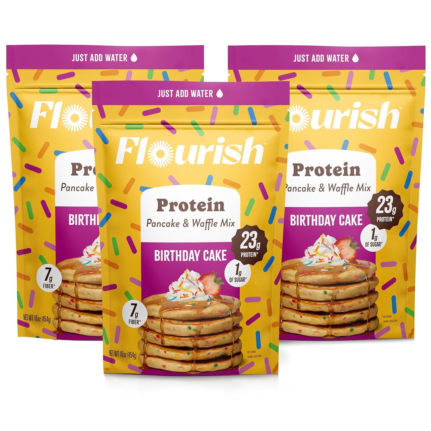 Flourish Protein Pancake & Waffle Mix, with Whey Protein & Flax Seed, No Added Sugar, High in Protein & Fiber - Just Add Water - Birthday Cake Flavour, 430g (3 Pack) - Made in Canada
