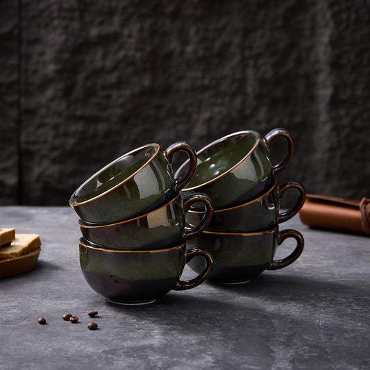 Set of 6 Vintage Design 12 oz Professional Barista Ceramic Latte Art Cappuccino Cups Set (Sea Grey * 6)
