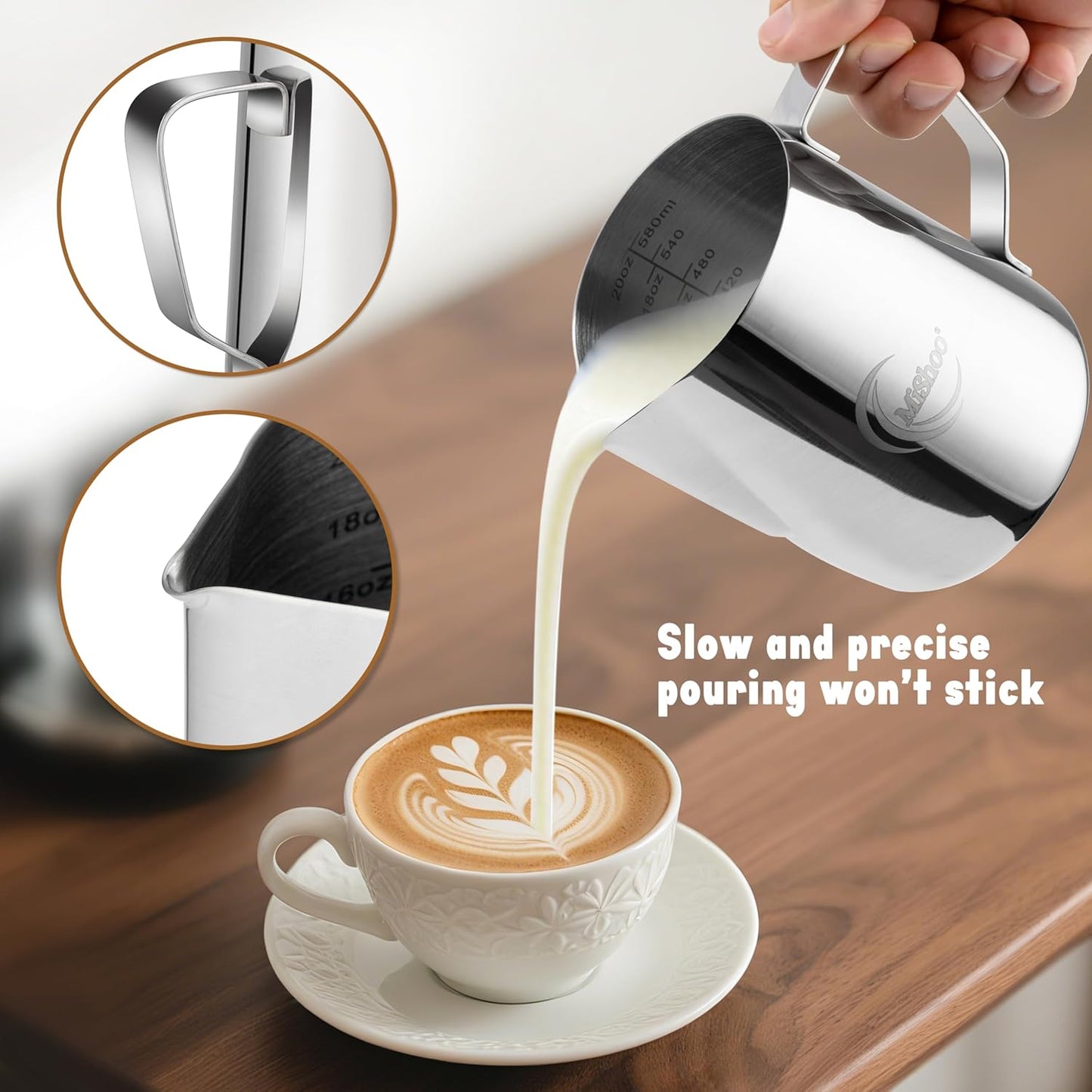 MiShoo® Milk Frothing Pitcher, 12oz Steaming Pitcher 304 Stainless Steel Espresso Machine Accessories for Coffee Bar, Cappuccino Barista Tools Milk Jug Steamer Frother Cup with Latte Art Pen