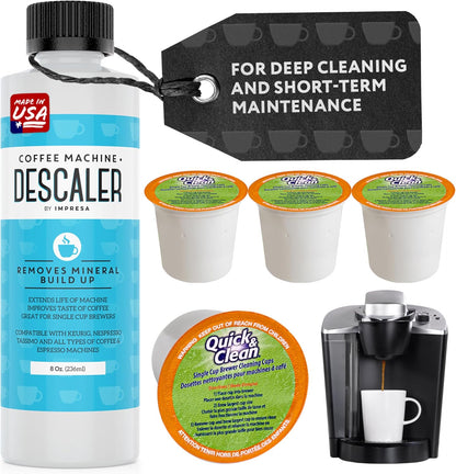 IMPRESA Coffee Machine Descaler & Cleaning Bundle - Compatible with Keurig K-Duo & K-Cup Brewers - 8 Oz Descaling Solution & 4 Maintenance Pods - Coffee Machine Cleaning & Pot Care Kit