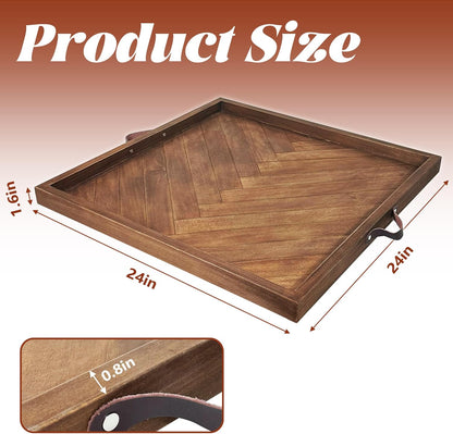 Tray for Ottoman 24 x 24 Inches, Square Ottoman Trays, Large Wooden Tray with Leather Handles, Food Serving Trays for Dinner, Breakfast, Snacks