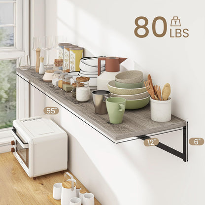 Dreamland Floating Shelves for Wall, 12 Inch Deep Floating Shelves Set of 2, 55W x 12D Large Wall Shelf with Sturdy Metal Brackets for Living Room, Bathroom, Bedroom and Kitchen, Grey