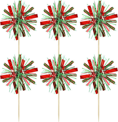 Gyufise 20Pcs Foil Firework Cupcake Toppers Happy Birthday Cake Toppers Tinsel Flower Drink Stirrers Cocktail Food Fruit Toothpicks for Valentine's Day Party Birthday Wedding Supplies Green Red