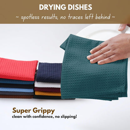 Native Fab Waffle 18 Pack Dish Cloths - Cotton, 12x12 inches, Absorbent, Quick Drying, Washable Towels for Cleaning, Cooking & Baking - Ideal for Home, Restaurants, Bars & Multi Use - Teal Green