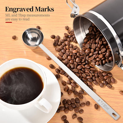 Long Handle Coffee Scoop, 18/8 Stainless Steel Food Grade Measuring Spoon for Coffee Beans Powders Sugar, 10.2in Long Metal Scoop Tablespoon for Easy Container Reach (2tbsp/ 30ml)