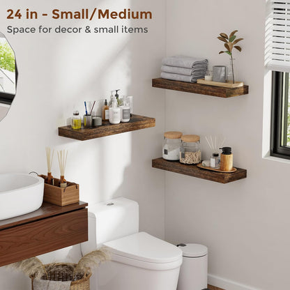 Heimlove 16 Inch Floating Shelves for Wall Rustic Brown Shelves Set of 2,Wall Mounted Rustic Wood 8 Inch Deep Floating Shelf with Invisible Brackets for Bedroom Kitchen Living Room