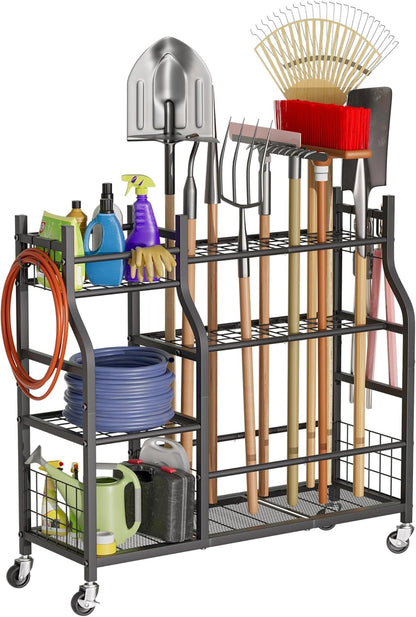 Garden Tool Organizer with Wheels for Garage and Shed, Spacious Tool Storage, Multi-Tier Design with Side Hooks for Rakes, Shovels, Brooms, and Yard Tools Rolling Cart