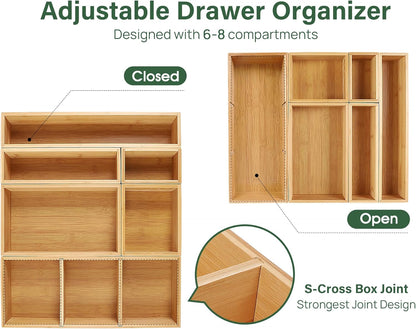Kootek Bamboo Drawer Organizer with Removable Dividers, 6 Pcs Adjustable Kitchen Drawer Organizer Utensils Bamboo Organizers Silverware Storage Box Cutlery Tray Multi-Use for Bathroom, Makeup, Office