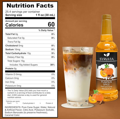 Syruvia Pumpkin Spice Syrup for Coffee 25.4 Ounces Pumpkin Spice Flavored Coffee Syrup