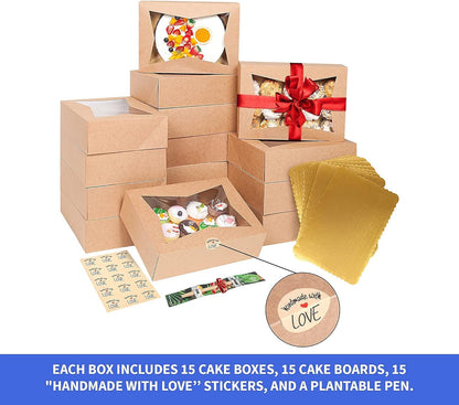 (15 Pack) Cake Boxes with Cake Boards INCLUDED – Easy-Assembly, 14 x 10 x 4 Inch, Dessert Boxes with Window, Stickers – Store & Sell Cakes, Cupcakes, Muffins, & Donuts in Bakery Boxes