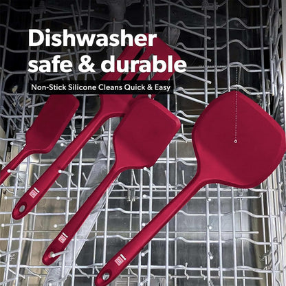 New DI ORO Seamless Series Moda 4-Piece Silicone Turner Spatula Set - 600°F Heat-Resistant Flexible Kitchen Spatulas for Nonstick Cookware - Flippers for Eggs & Pancakes - Utensils for Cooking (Red)