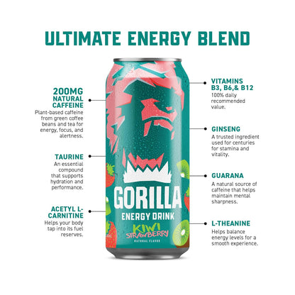 Gorilla Energy Drink, Kiwi Strawberry, 200mg Natural Caffeine, Real Fruit Juice Squeezed & Concentrated, L-Theanine, Taurine, Ginseng, Acetyl L-Carnitine, No Added Sugar and No Artificial Colors, 12 Pack