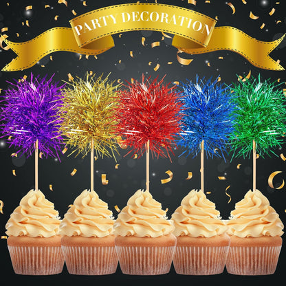 Chinco 100 Pcs Foil Firework Cupcake Toppers Sparkle Tinsel Cake Toppers Cake Decoration Cocktail Fruit Toothpick for Birthday Wedding Graduation Party(Bright Color)