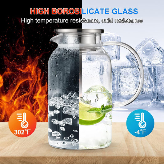PARACITY Glass Pitcher with Lid, Hot& Cold Glass Water Pitcher with Handle, Iced Tea Pitcher Carafe for Coffee, Juice, Lemonade and Milk 61oz/ 1.8L…