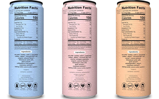 Pop & Bottle, Oat Milk Lattes - Cold Brew, Maca, Antioxidants, Ashwagandha, MCT Oil, Collagen, Organic, Diary Free, Gluten Free, Lightly Sweetened with Dates - Variety, 8 Fl Oz (12 Pack)