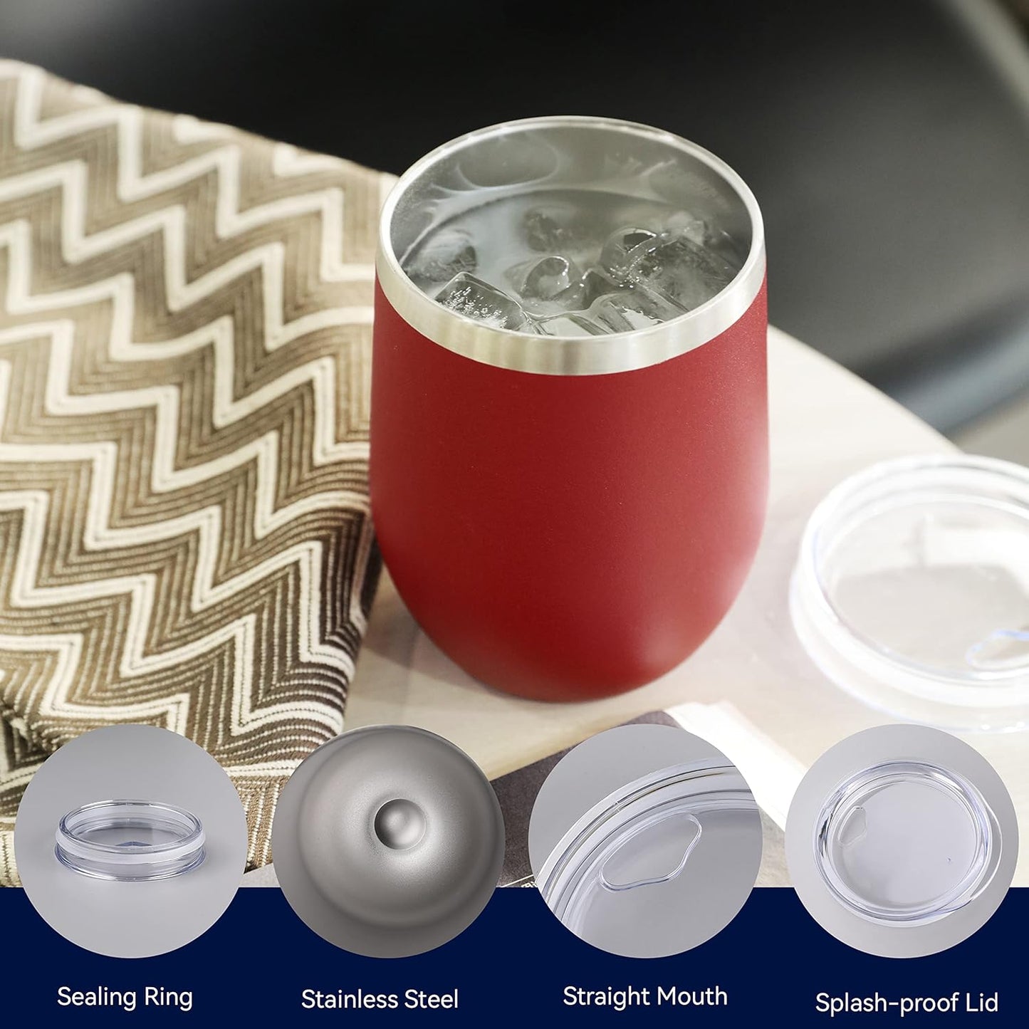 DOMICARE Stainless Steel Wine Tumbler Bulk with Lid, Personalized Insulated Tumblers Set, 12oz Travel Coffee Cups Pack of 4, Red