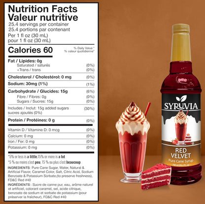 Syruvia Red Velvet Coffee Syrup - 25.4 fl oz - Kosher Coffee Syrups, Gluten Free, No Coloring, Perfect for Drinks, Soda, Shakes, Desserts, and More.