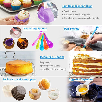 Gawren-H&E Cake Decorating Supplies Kit, 678 PCS Cake Decorating Kit & Cake Baking Suppplies set with Cake Carrier,3 Springform Pans Set,Piping Bags and Tips Set,Chocolate Molds,Cake Stand for Baking