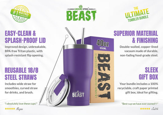 Beast 40 oz Tumbler Stainless Steel Vacuum Insulated Coffee Ice Cup Double Wall Travel Flask (Purple)