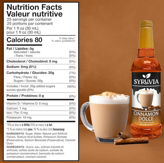 Syruvia Cinnamon Dolce Coffee Syrup - 25.4 fl oz. Kosher and Gluten-Free. Perfect for Enhancing Drinks, Sodas, Shakes, Desserts, and More.
