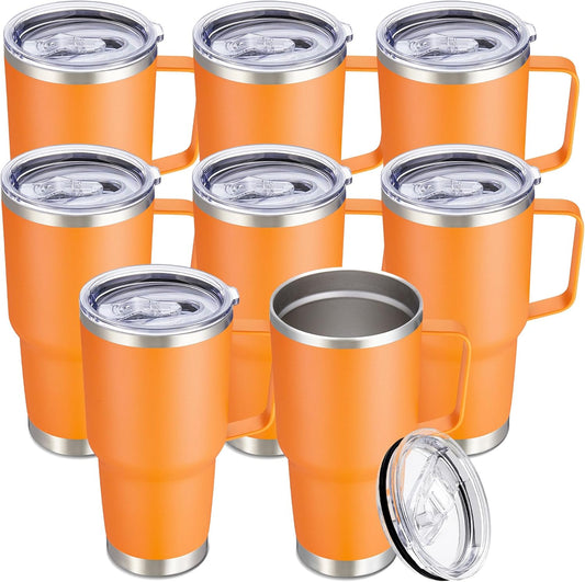 30 oz Tumbler with Handle and Lid, Stainless Steel Tumblers Bulk Double Wall Vacuum Insulated Travel Mug Leak Proof Cup Keep Drinks Cold and Hot Orange, 8 Pack