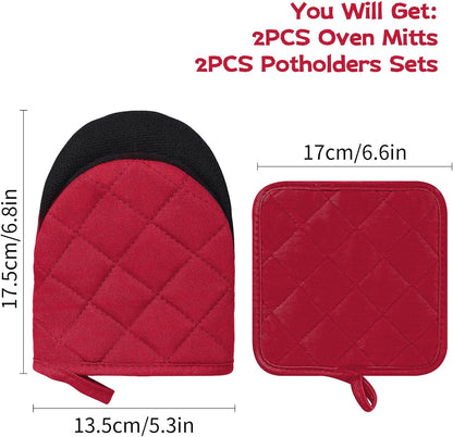Oven Mitts and Pot Holders Set, Pack of 4, Heat Resistant Silicone Kitchen Mini Oven Mittens for 500 Degrees, Mini Oven Gloves and Hot Pads for Baking Grilling Barbecue Microwave Machine Washable