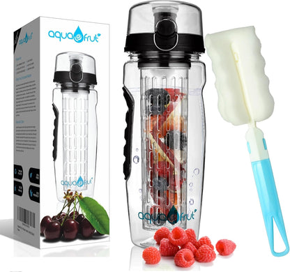 AquaFrut 32 OZ Fruit Infuser Water Bottle BPA-Free Fruit Infusion Sports Bottle - Flip Top Lid w Drinking Spout, Leak Proof, Made of Durable Tritan. Free Recipe eBook! (Black)