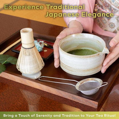 Japanese Matcha Set | Matcha Bowl with Spout | Whisk & Holder | Bamboo Scoop & Stainless Sifter | 5-Piece Traditional Matcha Kit | Designed in Japan |「Rustic Beige」