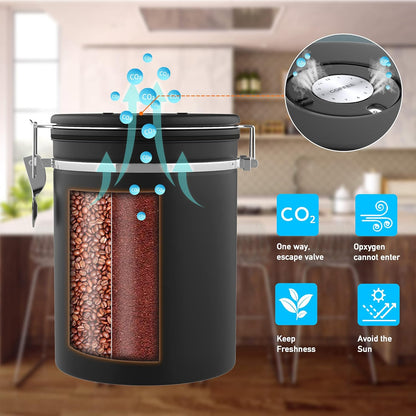 Coffee Canister with Scoop,Date Tracker 304 Stainless Steel Airtight Container One-Way CO2 Valve for Coffee Beans,Tea,Sugar,Kitchen Storage (Black, 22oz)