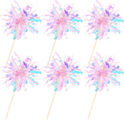 30 PCS Foil Firework Cupcake Toppers Sparkle Tinsel Cupcake Picks Happy Birthday Cake Toppers Drink Stirrers Cocktail Food Fruit Toothpicks for Baby Shower Wedding Party Decorations Supplies Pink