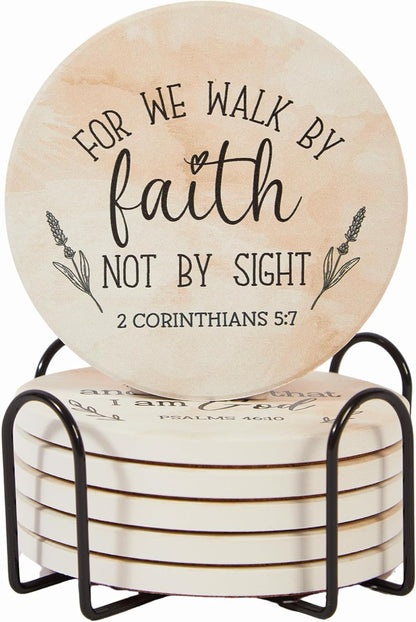 Absorbent Coaster Set of 6 with Holder, Drink Coasters for Coffee Table, Kitchen, Home Decor, Cute Ceramic Round Coasters, Alternative to Silicone, Cork or Glass Coaster (Blessed)