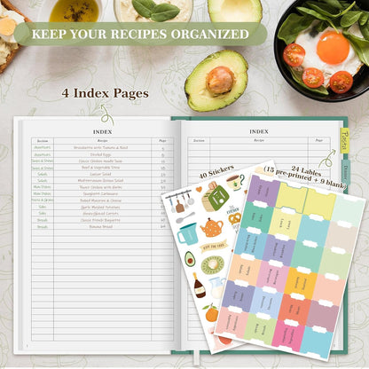 Lanpn Blank Recipe Book Cookbook for 70 Recipes, B5 Waterproof Empty Recipe Notebook to Organize Your Family Recipes, Leather Cooking Journal with Stickers to Write in Your Own Recipes, Green