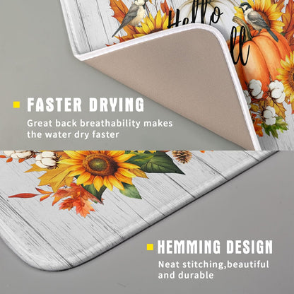 Hello Fall Sunflowers Dish Drying Mat for Kitchen Counter,Autumn Pumpkin Maple Leaves Drying Mat 16 x 18 Inch with High Absorbent Microfiber Dish Drying Drainer Mat for Coffee Bar