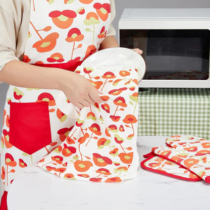 Oven Mitts and Potholders Dish Towles Set 100% Cotton for Perfect for Gifting, Baking, and Everyday Cooking Durable Heat Resistant for Kitchen and Machine Washable (3-Piece Red Flower)