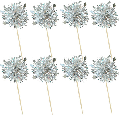 Ephlyn 30Pcs Foil Firework Cupcake Toppers Party Birthday Cake Toppers Supplies Sparkle Tinsel Cocktail Fruit Toothpick for Birthday Wedding Graduation Party Silver