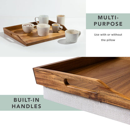 ROSSIE HOME Acacia Wood Bed Tray, Lap Desk - Set of Two - with Hyacinth Storage Basket - Natural - Fits up to 15.6 Inch Laptops - Style No. 70106