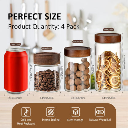 12 oz/350 ml Clear Glass Storage Canister with Airtight Wooden Lid, 4 Pack Small Overnight Oats Containers, Cute Decorative Salad Jar for Snacks Yogurt Spice Sugar Cereal Fruit Coffee Tea