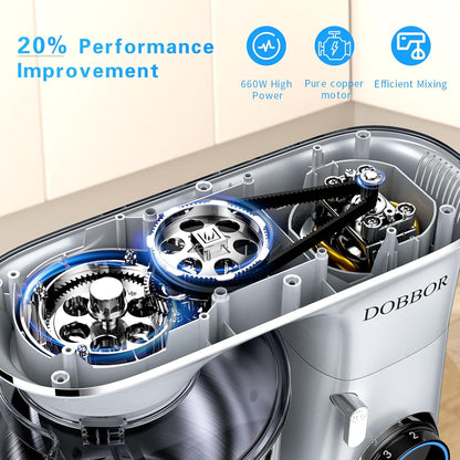 DOBBOR Electric Stand mixer, 9.5QT 660W 6 Speeds Tilt-Head Dough Mixers, Bread Mixer with Dough Hook, Whisk, Beater, Splash Guard for Baking Bread, Cake, Cookie, Pizza, Muffin, Salad and More - Sliver