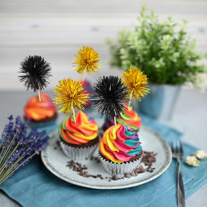 Gyufise 30Pcs Foil Firework Cupcake Toppers Sparkle Tinsel Cake Toppers Tinsel Drink Cake Decoration Cocktail Picks for Birthday Wedding Graduation Party Supplies Gold Black