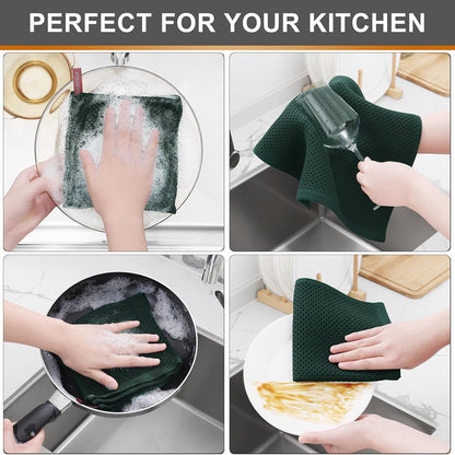Kitinjoy 100% Cotton Kitchen Dish Cloths, 8 Pack Waffle Weave Ultra Soft Absorbent Dish Towels for Drying Dishes Quick Drying Kitchen Towels Dish Rags, 12 X 12 Inches, Blackish Green