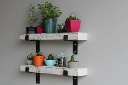 Urban Legacy Accent Shelves | Reclaimed Barn Plank | Set of 2 with Full Brackets (White Wash 24"x 4.5"x 2")