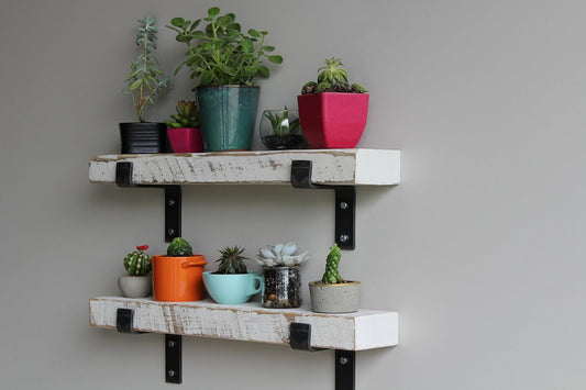Urban Legacy Accent Shelves | Reclaimed Barn Plank | Set of 2 with Full Brackets (White Wash 24"x 4.5"x 2")