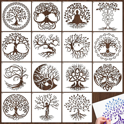 Yazhiji 15Pcs 6 x 6 Inch Tree of Life Stencil, Reusable Stencils for Painting on Wood Decoration Painting Templates for Wall Floor DIY Decorations Christmas Gifts for Kids