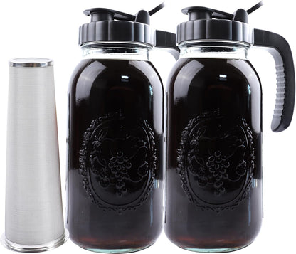 Cold Brew Coffee Maker Half Gallon 2 Set Glass Mason Jar Pitcher With Spout Lid Filter 2 Quart Wide Mouth Iced Tea Brewing Jug Heavy Duty Handle Airtight & Leak-Proof Pitcher For Fridge Sun Tea 64 OZ