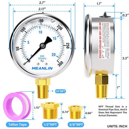 MEANLIN MEASURE 0~300Psi Stainless Steel 1/4" NPT 2.5" FACE DIAL Liquid Filled Pressure Gauge WOG Water Oil Air Lower Mount (Pack of 2), with 1/2" NPT and 3/8" NPT Hex Bushing