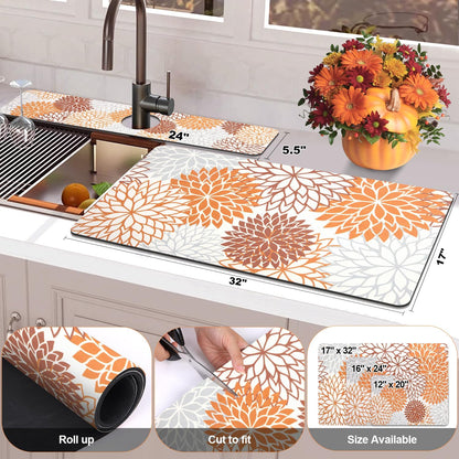 Findosom 2PCS 17" x 32" Fall Dish Drying Mat & 24" x 5.5" Sink Splash Guard, Super Absorbent & Cuttable Dish Mat Drying Kitchen Mat with Orange Floral, Hide Stain Drying Mat for Kitchen Counter